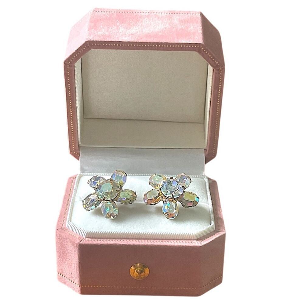 Vintage Weiss Flower Earrings Prong Set AB Crystal Clip On Aurora Borealis